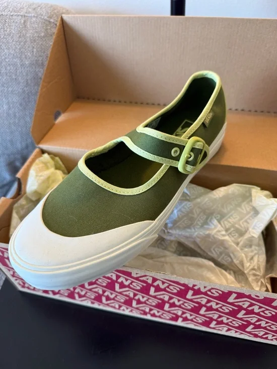 Vans Olive Green Mary Jane Sneakers with Cream Trim - Picture 2 of 7
